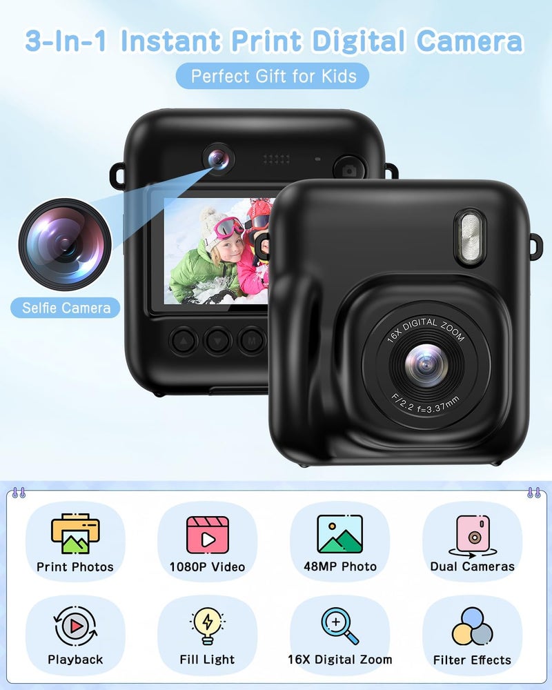 Fulealfly Instant Camera, Dual-Lens Kids Camera Christmas Birthday Gifts, 48MP 1080P Selfie Instant Print Cameras for Kids, Toddle Digital Camera Toy for Girls Boys Age 3 4 5 6 7 8 9 10 (Black) - Image 2